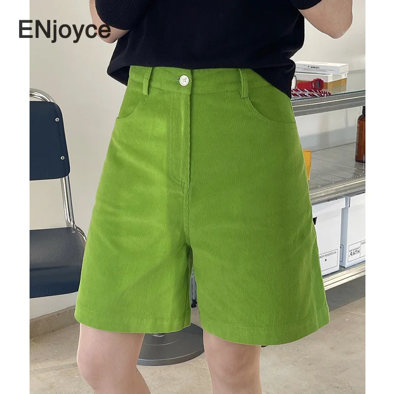 

Retro Corduroy High Waist Shorts Women Korean Style Avocado Green High-quality Short Pants Ladies Casual Mid-Length Trousers