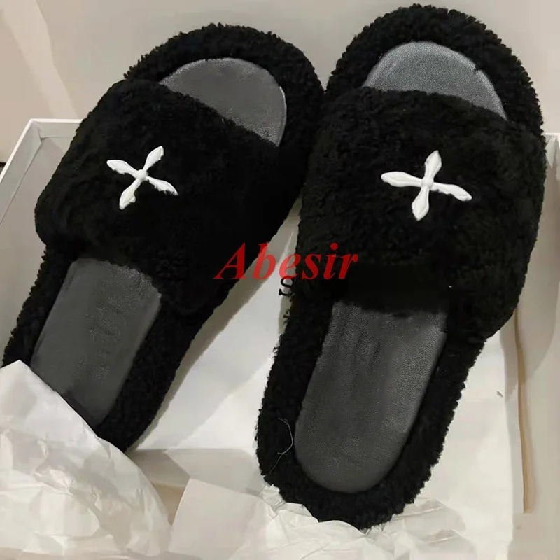 

Fashion Spring and Summer New Black Cross Out Cashmere Slippers Women Thick Sole Wool Shoes