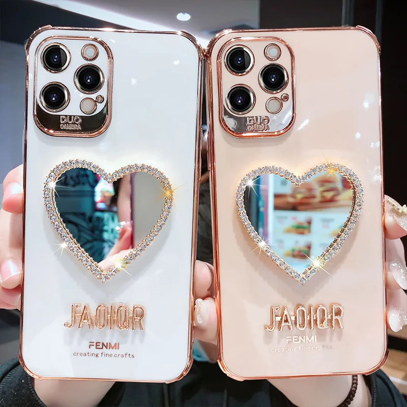 

Suitable for iPhone14 Love Rhinestone Cosmetic Mirror Phone Case 13Promax Xsmax Xr 6D Plating 11 12pro 8plus Silicone Soft Cover