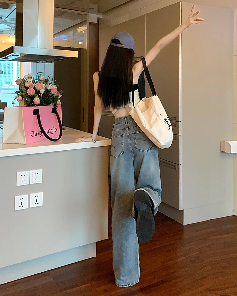 High Waist Jeans Women's Blue Spring/Summer Drawstring Lace Up Design Straight Tube Relaxed Slim Wide Leg Floor Dragging Pants