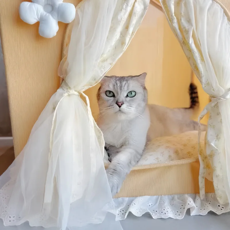 Фото Милый домик-палатка для кошек и собак с кружевной отделкой, просторный, уютный, для игр и отдыха, для дома и путешествий №3