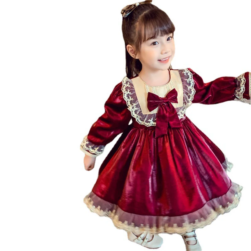 Girls Long-sleeved Wine Red Lolita Princess Dress Toddler Girl Fall Clothes 2022 Flower Girl Dresses  Girls Christmas Dress