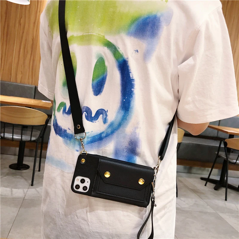 

Leather Phone Case with Strap for iPhone 12 Pro Max 14 Plus 13 11 Mobile Cases with Wallet Card Holder Soft Slim Back Cover