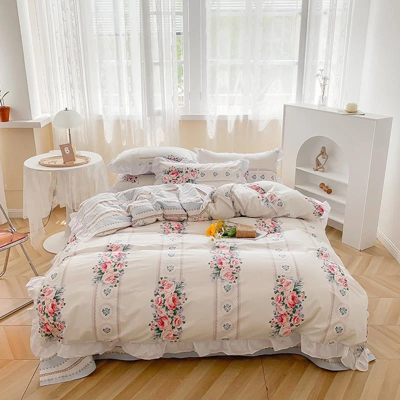 

Pink-Purple Yellow Spring Flowers 100%Cotton Girls Bedding Set: Duvet Cover Bed sheet 2Pillow Shams Zipper Closure, Corner Ties