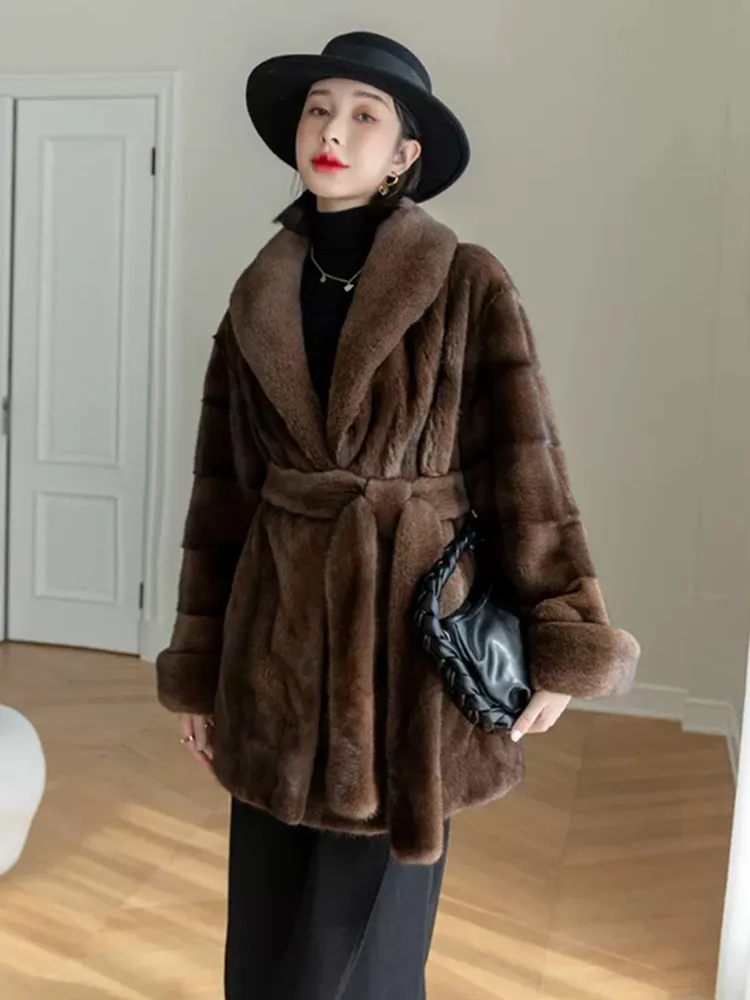 

Real Luxury Velvet Mink Fur Coats Vintage Imported Whole Natural Fur Thick Jackets With Belt Ladies Lapel Overcoats 2023 New