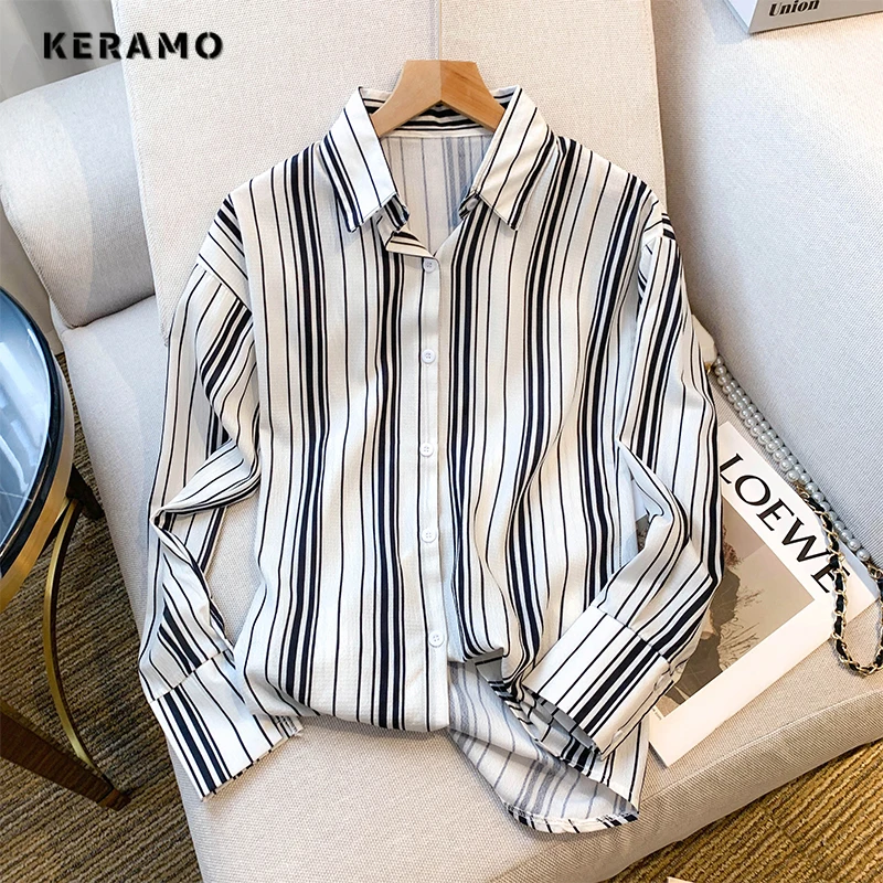 

Women's Korean Style Striped Loose Long Sleeve Single Breasted Shirt 2023 Autumn Winter Casual Turn-Down Collar Baggy Blouse Top