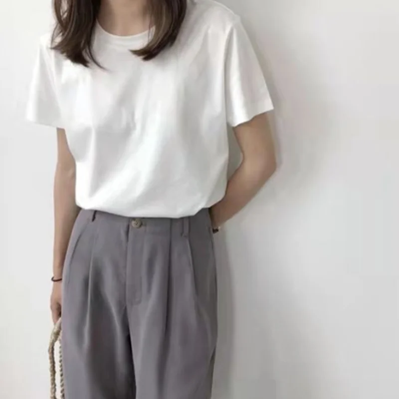 Летняя Простая белая футболка с круглым вырезом повседневная женская в стиле