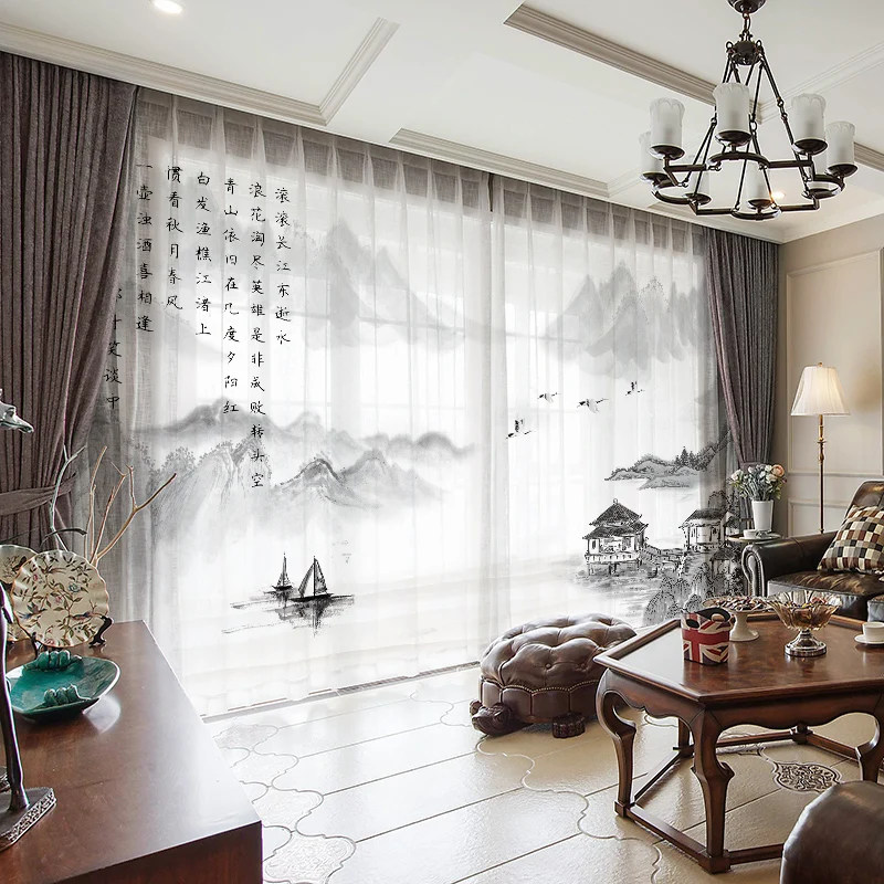 

Custom Chiffon Sheer Curtain Window Tulle Drape for Bedroom Living Room Mountain Hills Trees River Boat Landscape Ink White