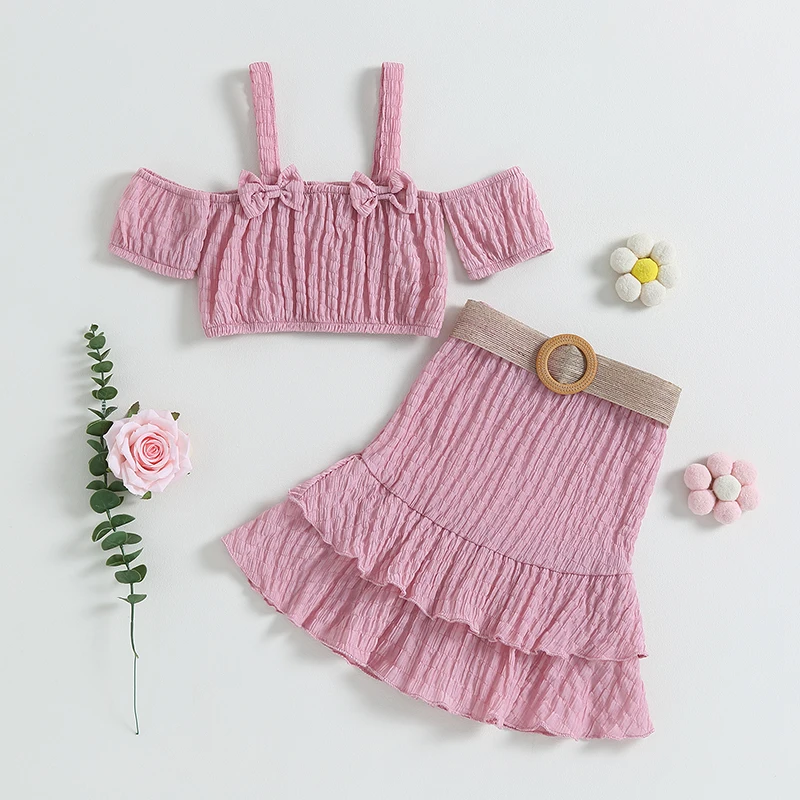 

3-7Y Kids Girls Summer Clothes Sets Off Shoulder Short Sleeve Bow Sling Tops Ruffle Skirts with Belt Children Outfits Set