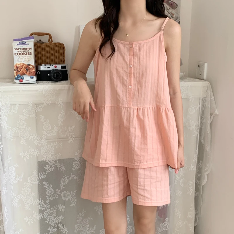 CAIYIER Summer Cotton Women Pajamas Set Sleeveless Sexy Nightwear Sweet Soft Korean Sleepwear Girls Underwear Home Suit M-2XL