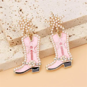 Cowboy Cowgirl Beaded Boots Dangle Earrings with Faux Pearl & Crystal Pave Boho Rodeo Accessories Ma in Pakistan