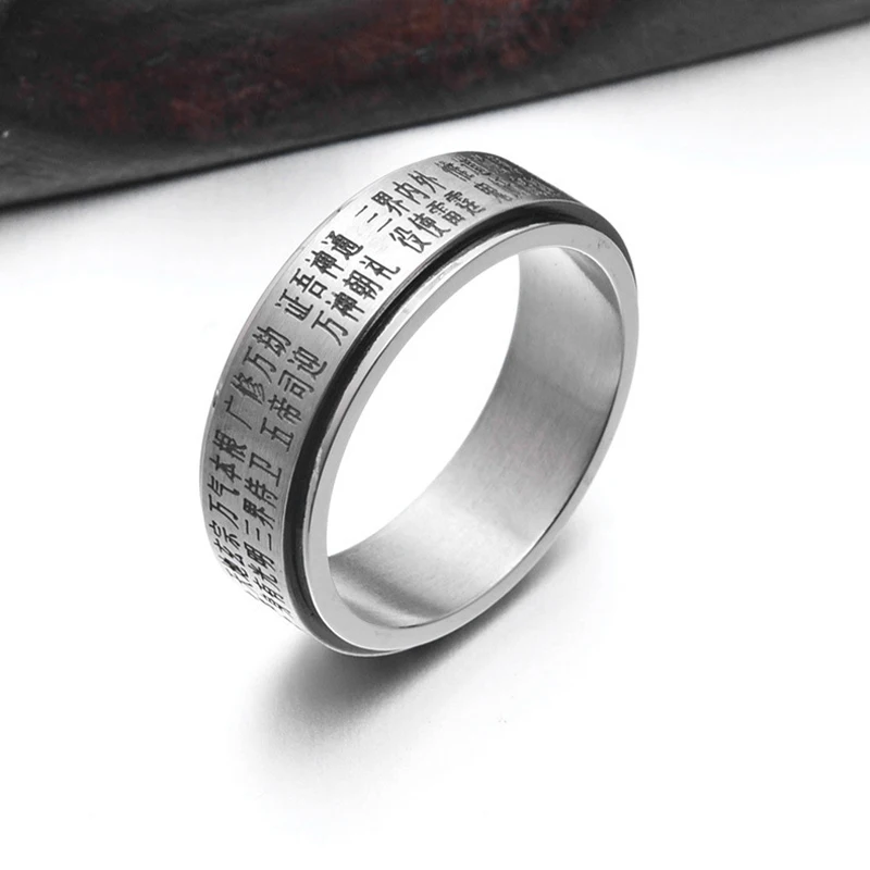 Vintage Titanium Steel Eight Trigrams Eight Great Gods Mens Rings Feng Shui Mantra Spin Yalta Rings for Men Chinese Style Ring images - 6