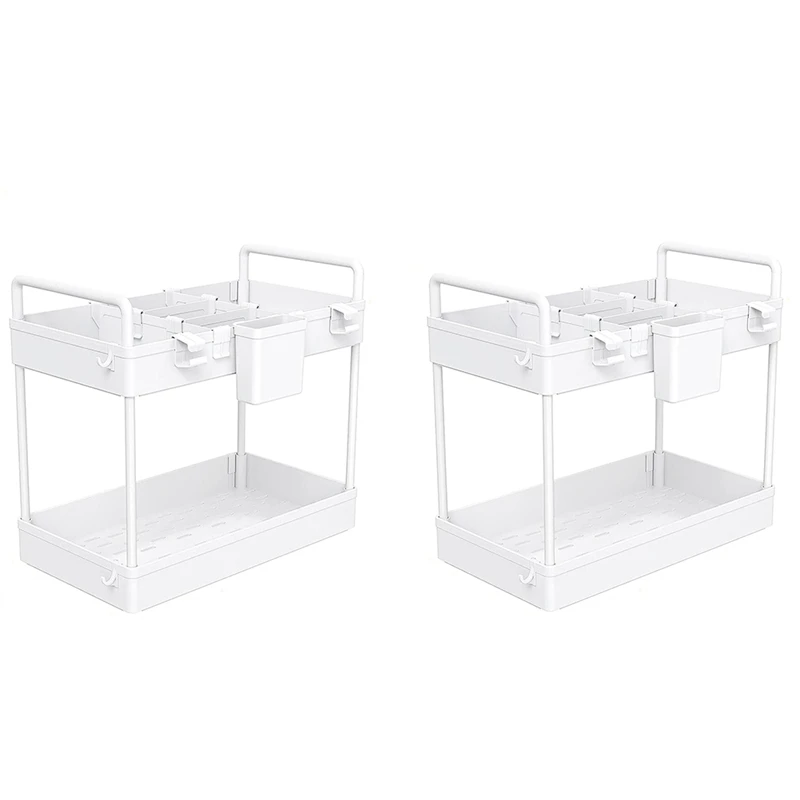 

2 Pack Under Sink Organizers And Storage, 2 Tier Bathroom Organizer Under Sink With Handle Hanging Cup Hooks Dividers