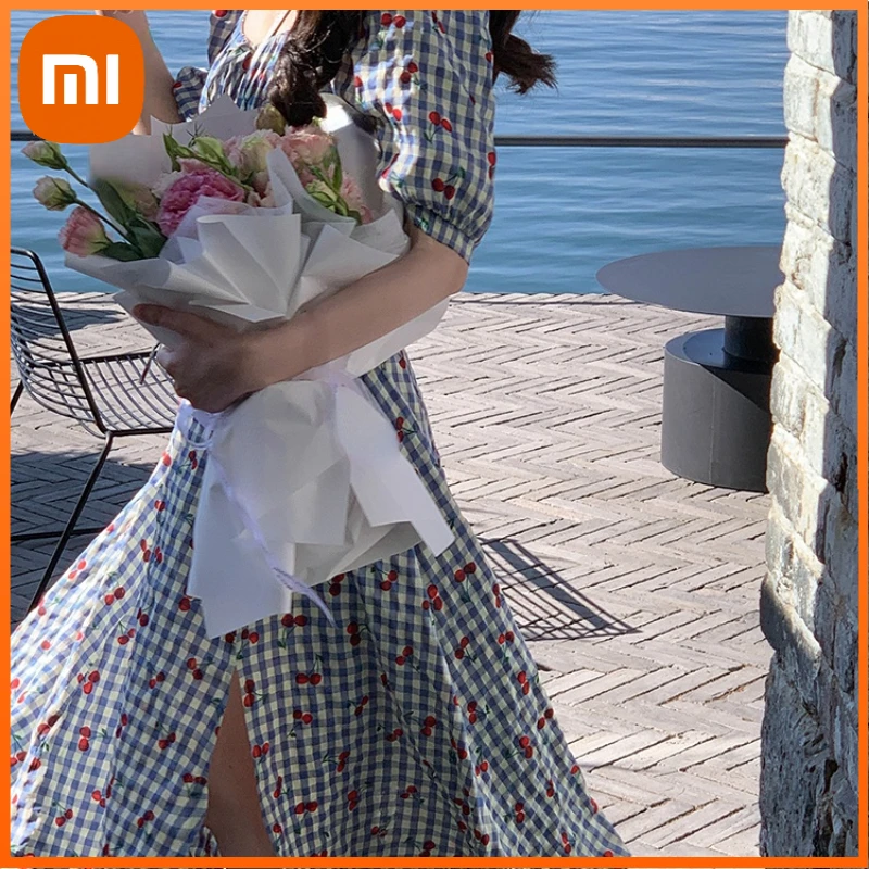 

Xiaomi Summer Plaid Midi Dress Women Casual Short Sleeve Sweet Elegant Floral Dress Female Vintage One Piece Dress Korean Chic