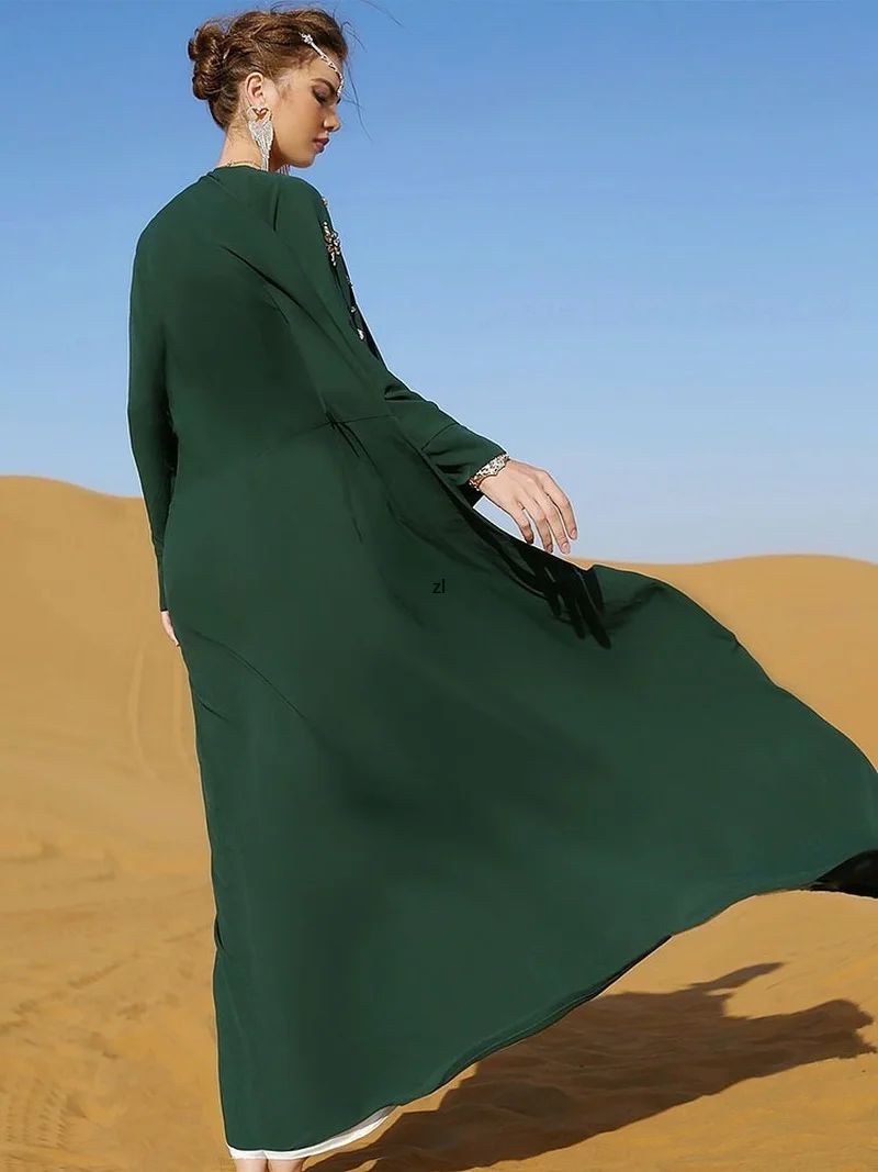 Snowflake Kaftan Moroccan Embroidered Caftan Arabic Long Dress Women Handsewn Rhinestones Muslim Kimono Dubai Open Abaya Green