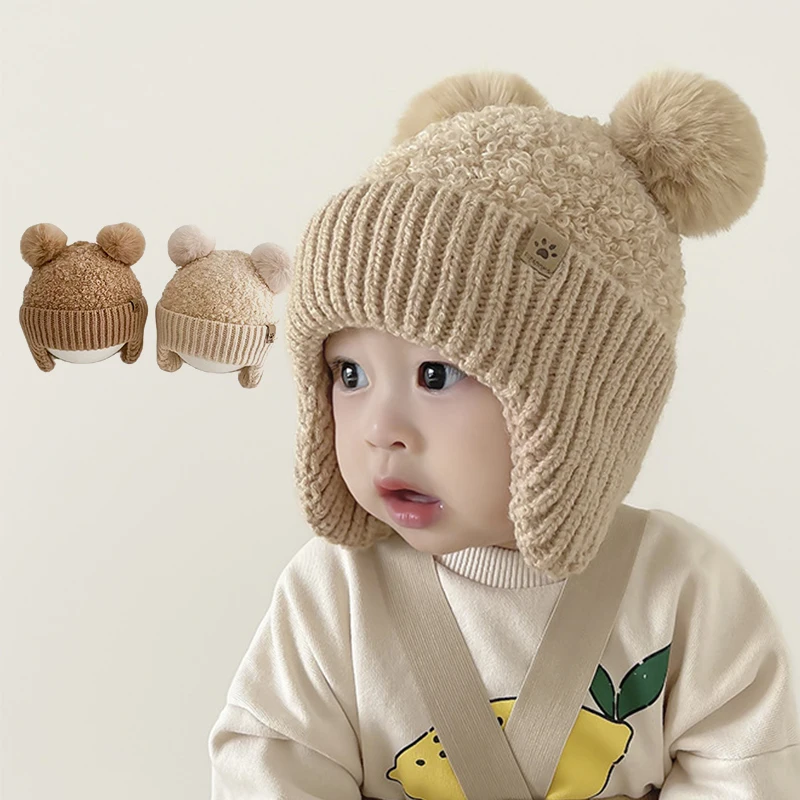 

Cute Pompom Baby Beanie Cap Winter Warm Woolen Knit Hat for Infant Boys Girls Earmuffs Bonnet Cartoon Kids Ear Protection Hats