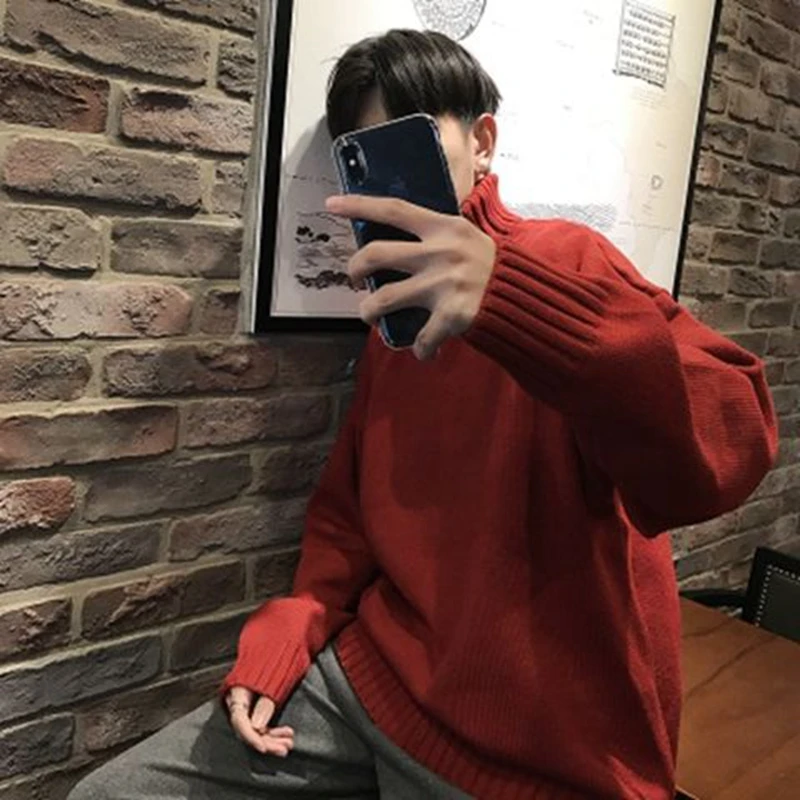 Осенне-зимний мужской утепленный черный Однотонный свитер с высоким воротником