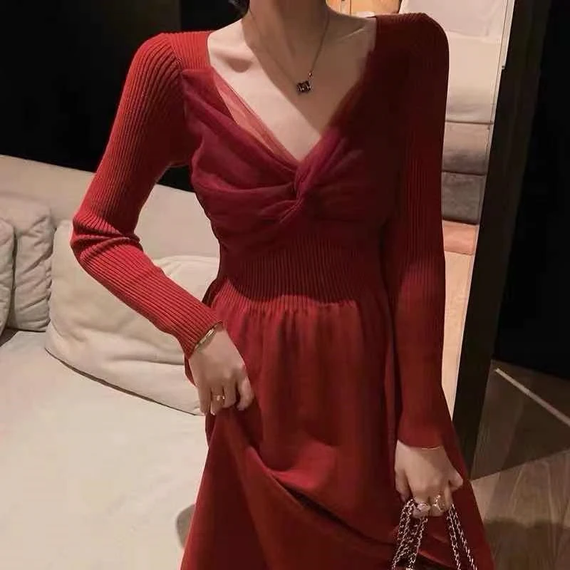 

Limiguyue французское вязаное красное платье осеннее винтажное женское платье миди Сетчатое с V-образным вырезом Роскошные женские облегающие новогодние вечерние платья