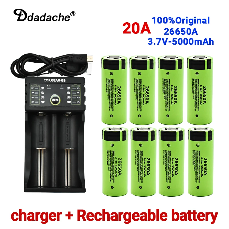 

100% New 20A 26650A 3.7V 5000mAh Battery High Capacity Power Battery Lithium Ion Rechargeable Battery for Toy Flashlight+Charger