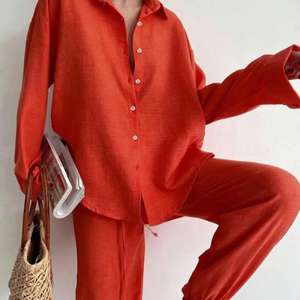 

Женский однобортный комплект из рубашки и брюк, свободный однотонный костюм с лацканами, длинными рукавами, эластичным поясом и широкими штанинами на завязках для осени