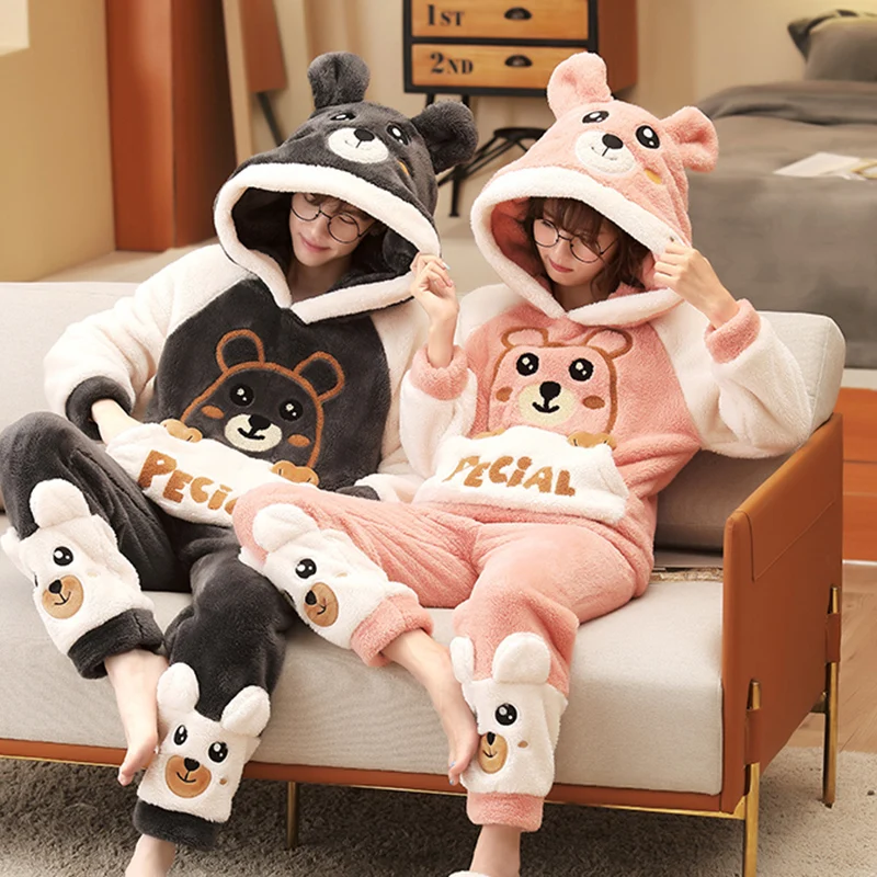 Anime Couple Pajamas Set Women Men Cartoon Bear Hoodies Korean Pyjamas Winter Thicken Warm Sleepwear Lovers Homewear