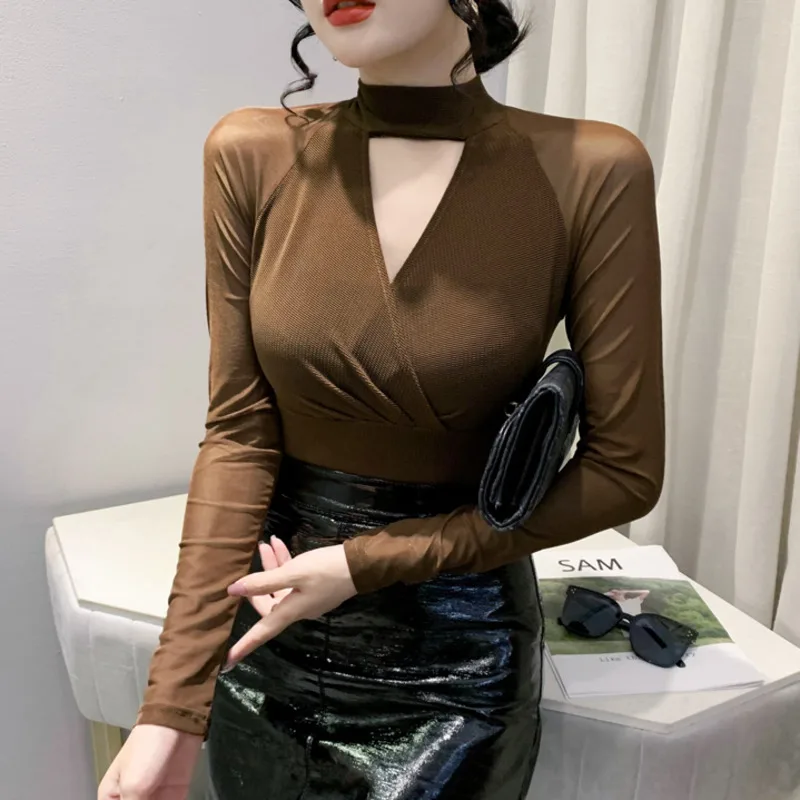 #8374 Сетчатая футболка женская сексуальная водолазка с вырезами длинным рукавом