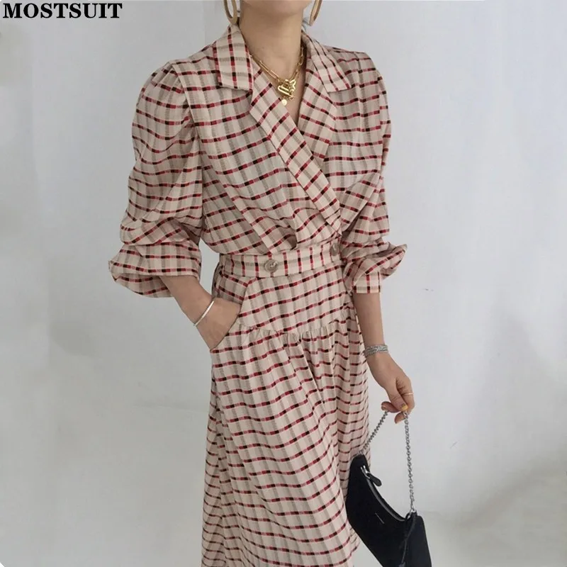 

Spring Vintage Plaid Midi Dress For Women Full Sleeve Slim Waist Pockets Female A-line Dress 2022 Casual Ladies Vestido
