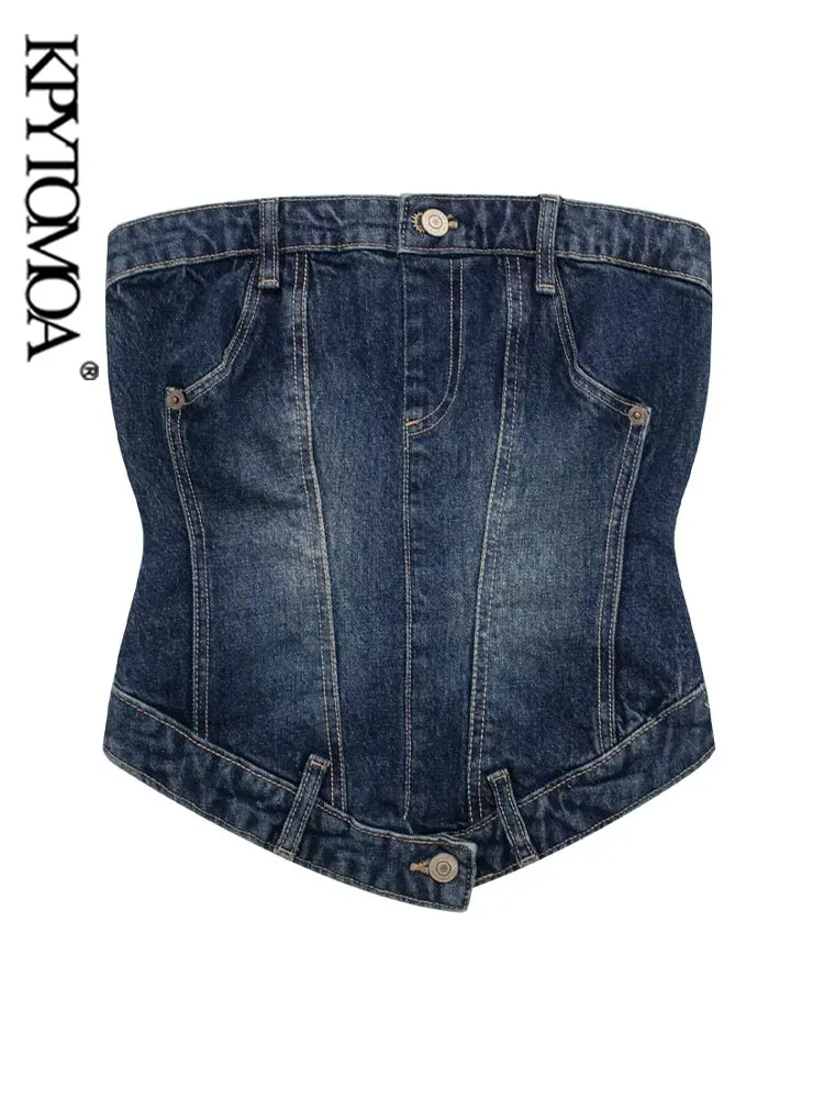 

Женский Джинсовый укороченный Топ без бретелек KPYTOMOA, винтажный топ с прямым воротником и молнией сзади, Женская майка