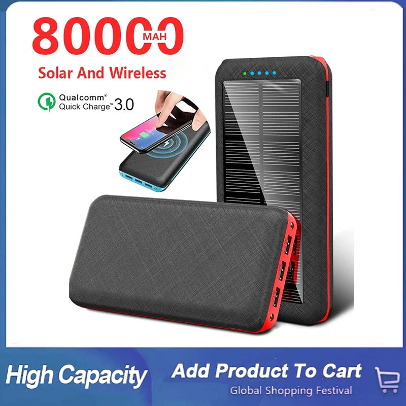 

80000mAh Wireless Portable Fast Charger Solar Power Bank with LED Light Triple USB Ports Power Bank For Xiaomi Samsung Iphone13