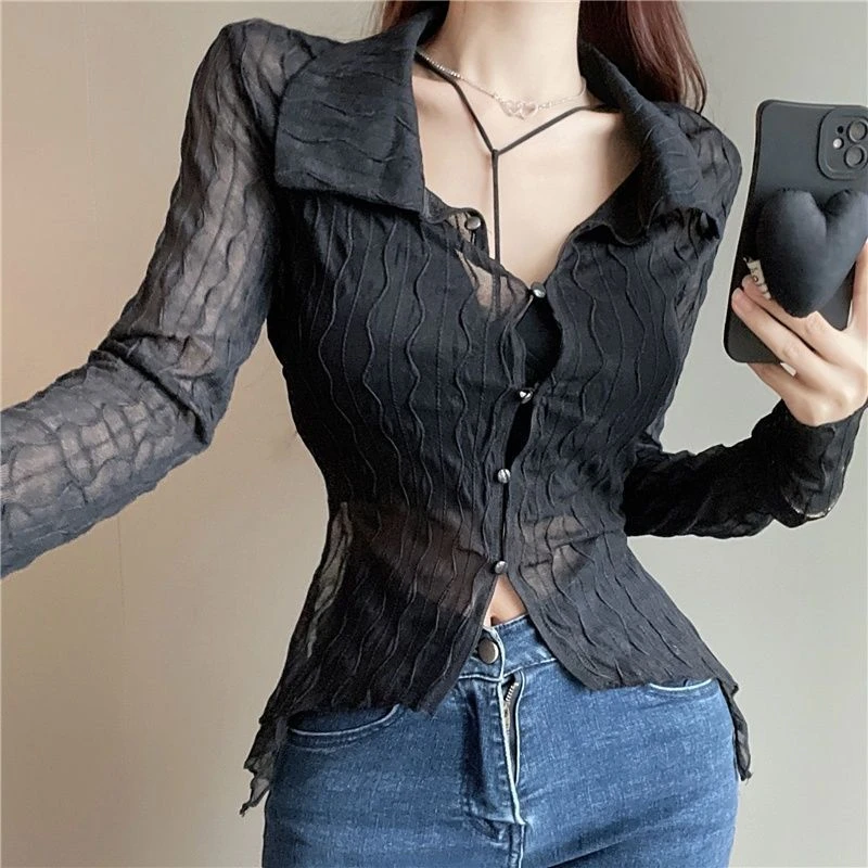 Vintage Pleated Cute Y2K Shirt Ladies Elegant Fashion Long Sleeve Button Casual Top See Through Sexy Mesh Girls Blouses Women