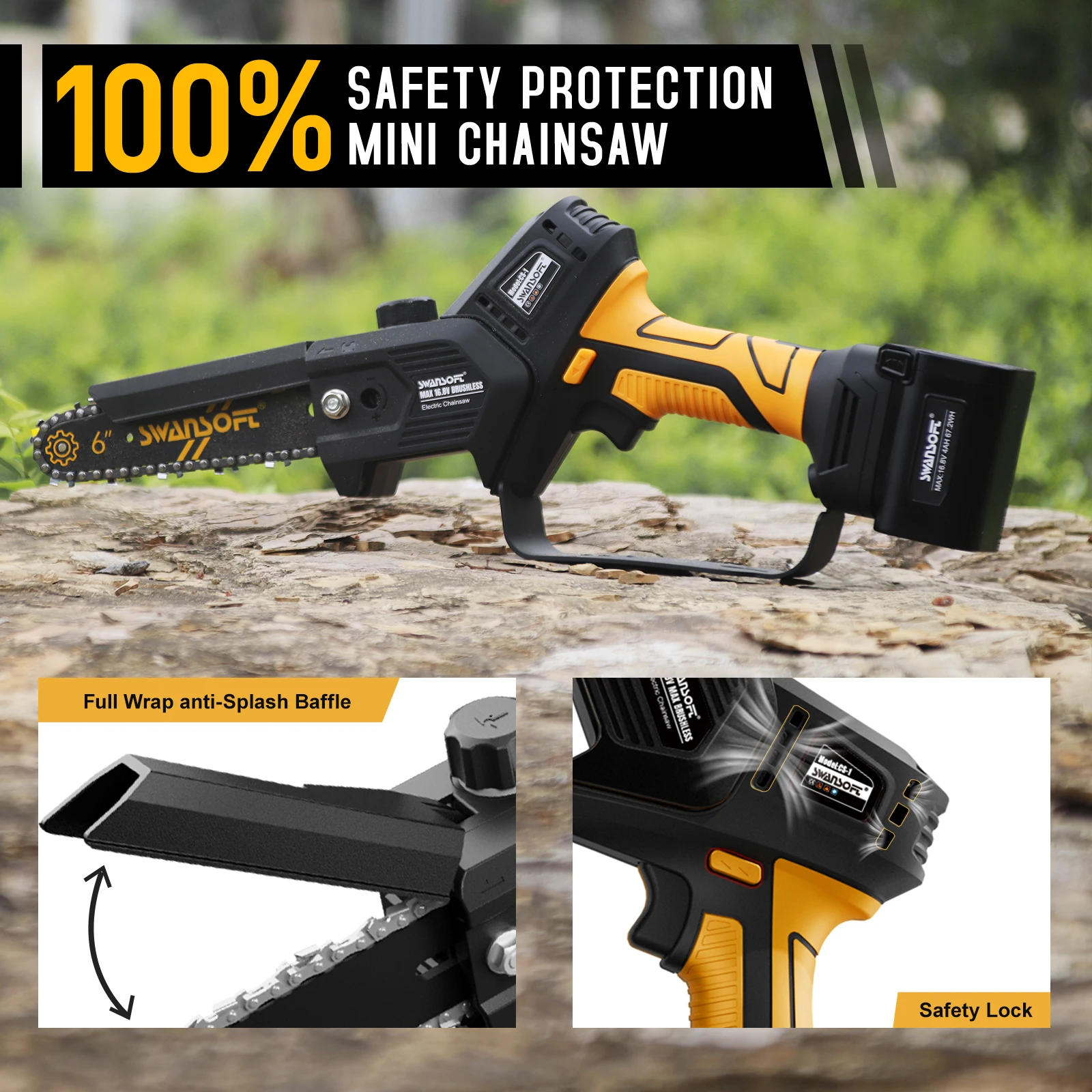 SWANSOFT Бесщеточная аккумуляторная бензопила 6-дюймовая ручная Аккумуляторная для