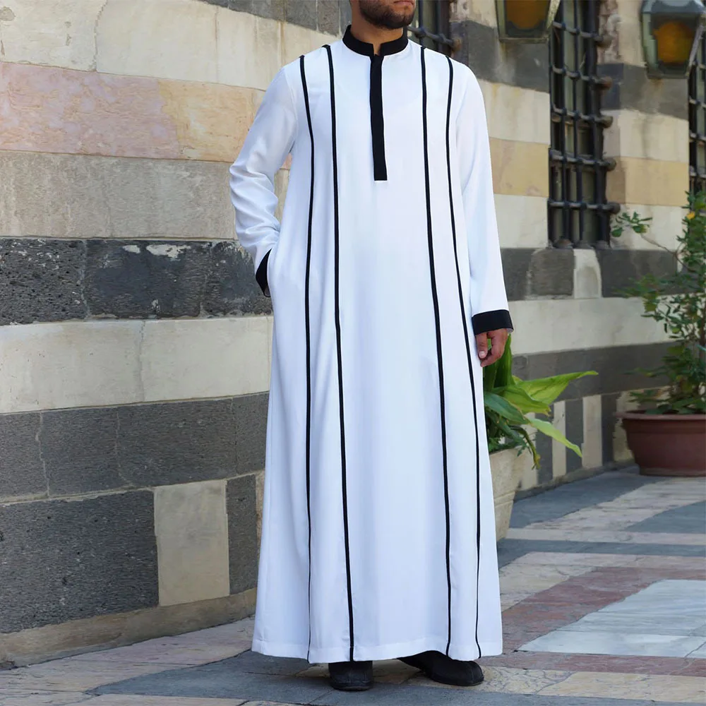 2022 New White Middle East Ramadan Color Matching Muslim Robes Arabic Jubba Thobe Muslim Men Clothing