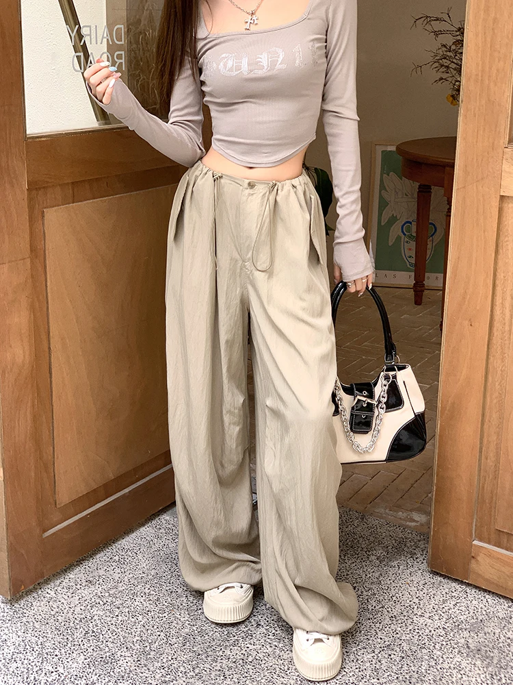 

Spring Summer 2023 Women's y2k clothes draped drawstring wide leg trousers relaxed straight work casual trousers Top women