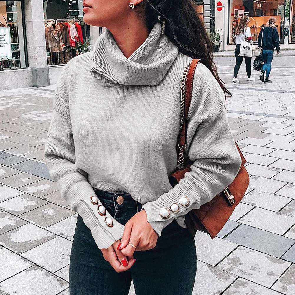 

Loose Casual Women Tops Long Sleeve Solid Chic Polyester Street Straight Cylinder Type High Collar Knitted Autumn Winter Tops