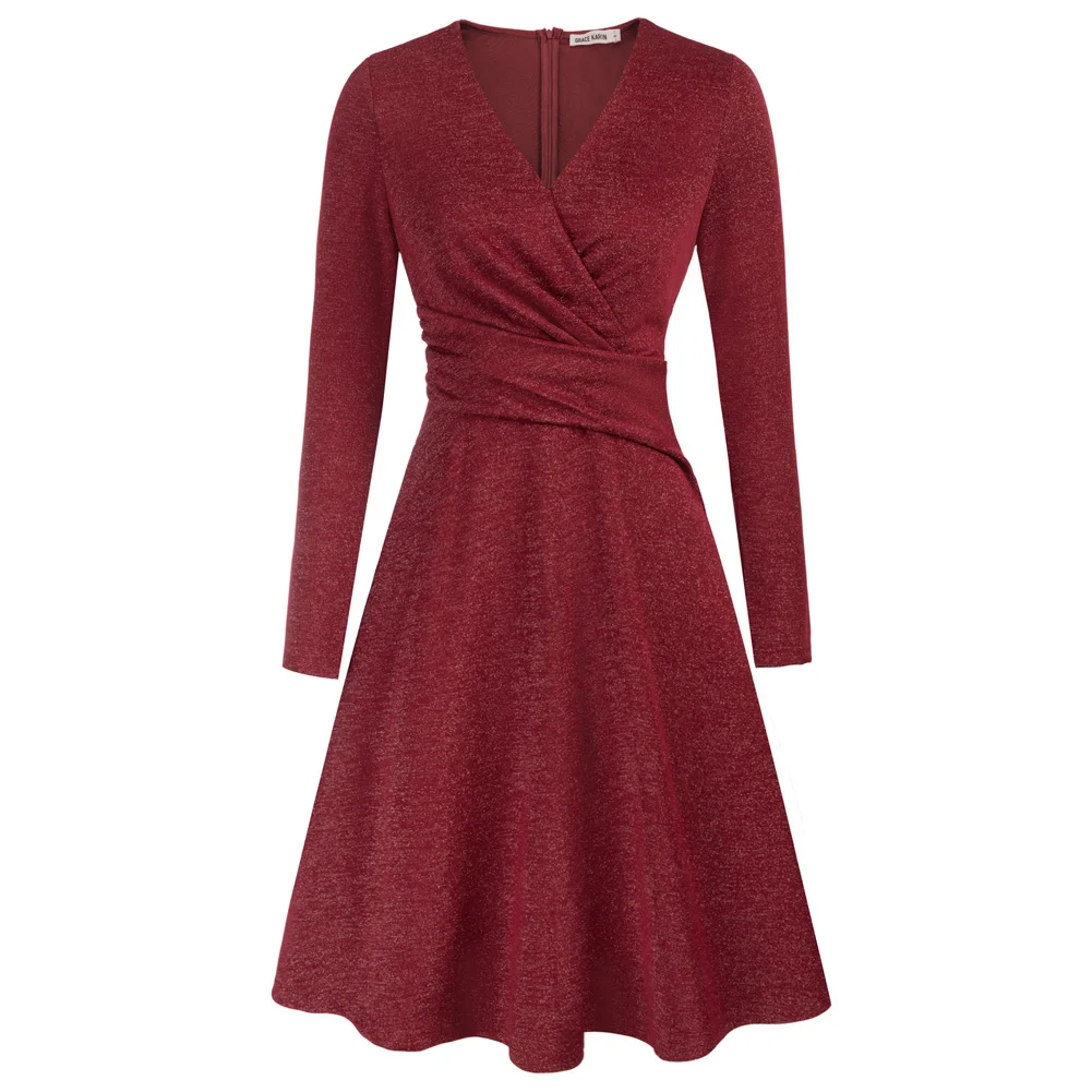 

GK Prom Dresses Women Sequins Ruched Party Dresses Solid Spring Sexy Long Sleeve V-Neck Defined Waist A-Line Dress Korean Style
