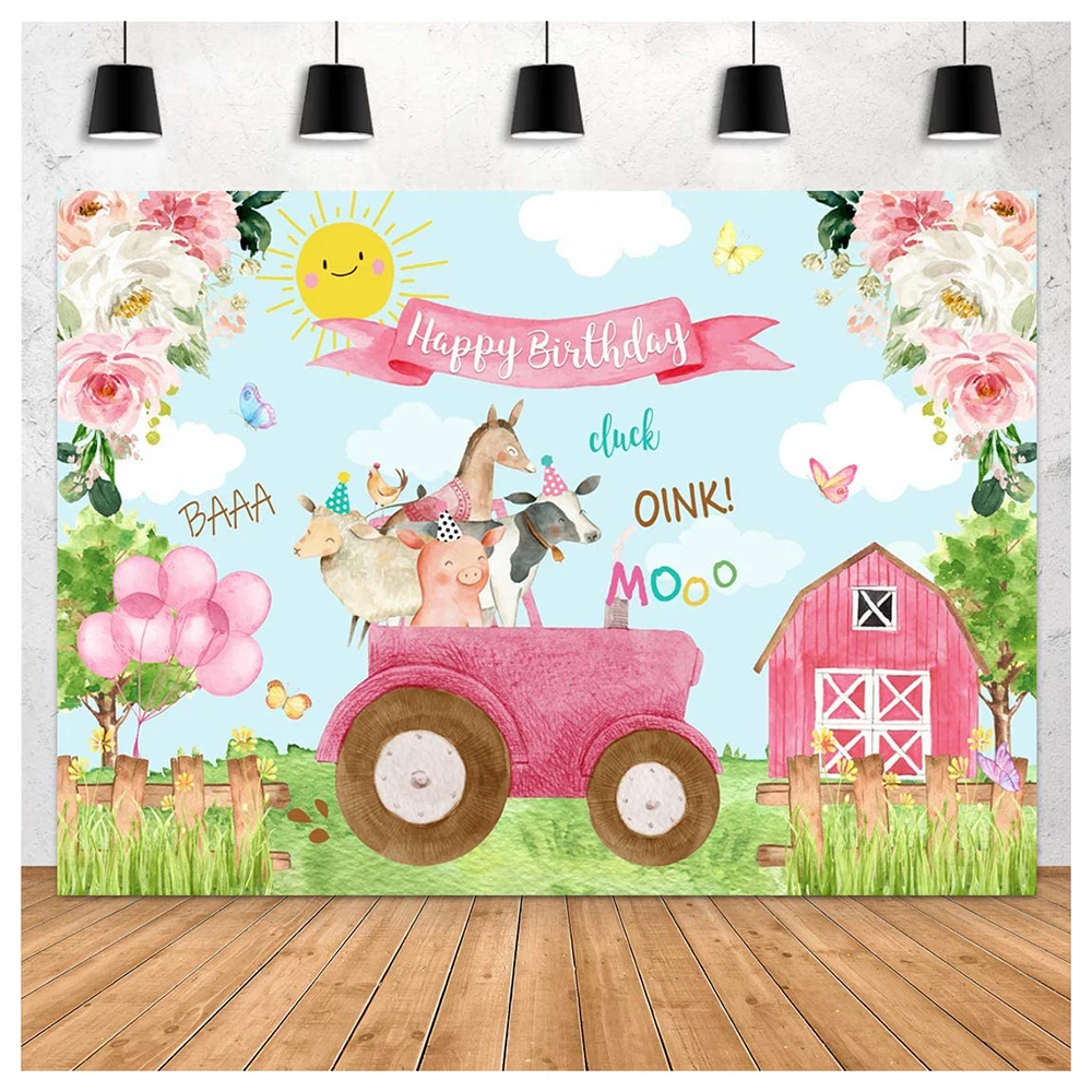 

Cartoon Farm Animals Happy Birthday Photography Backdrop 7x5ft Pink Flowers Floral for Girls Background Party Banner Decoration