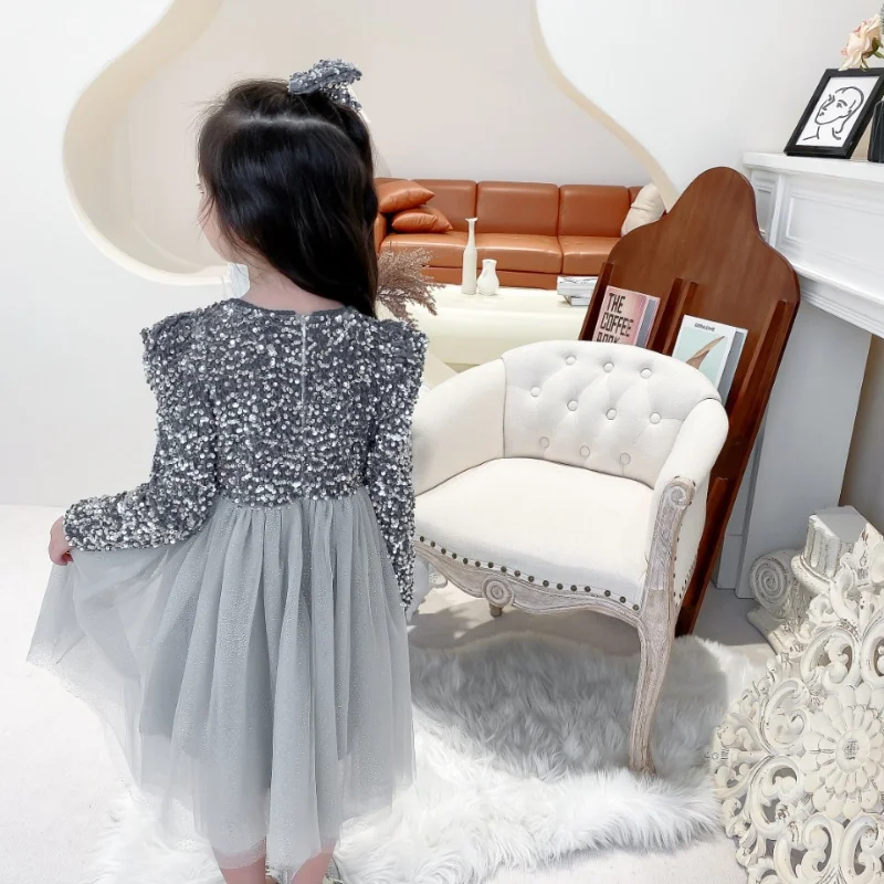 

Spring Elegant Formal Ball Gown for Girls Child Party Prom Dress Sequins Dress Kids Clothes Girls Tulle Tutu Princess Dress 3-8Y