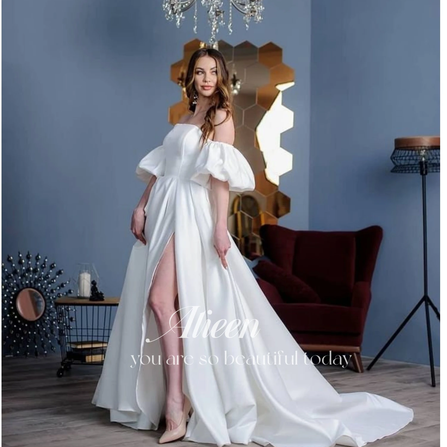 

Aileen Removable Puff Sleeve Satin Wedding Dress High Slit Side A-line Simple Styles Bridal Dress with Court Train