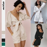 summer green vintage two piece sets women long lantern sleeve top and high waist shorts suits spring casual loose bow up outfits