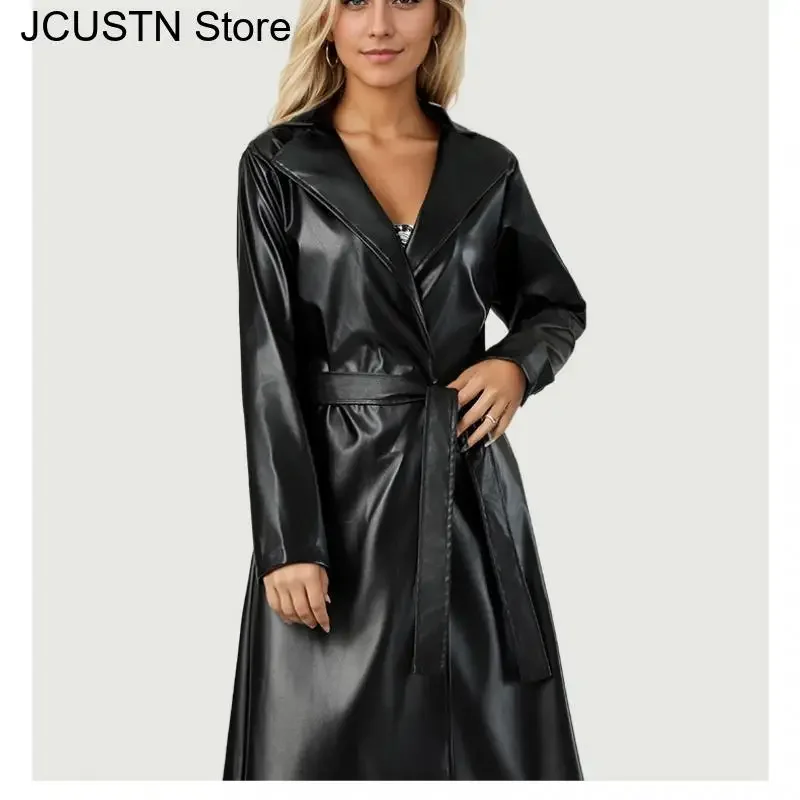 Длинный женский плащ из искусственной кожи