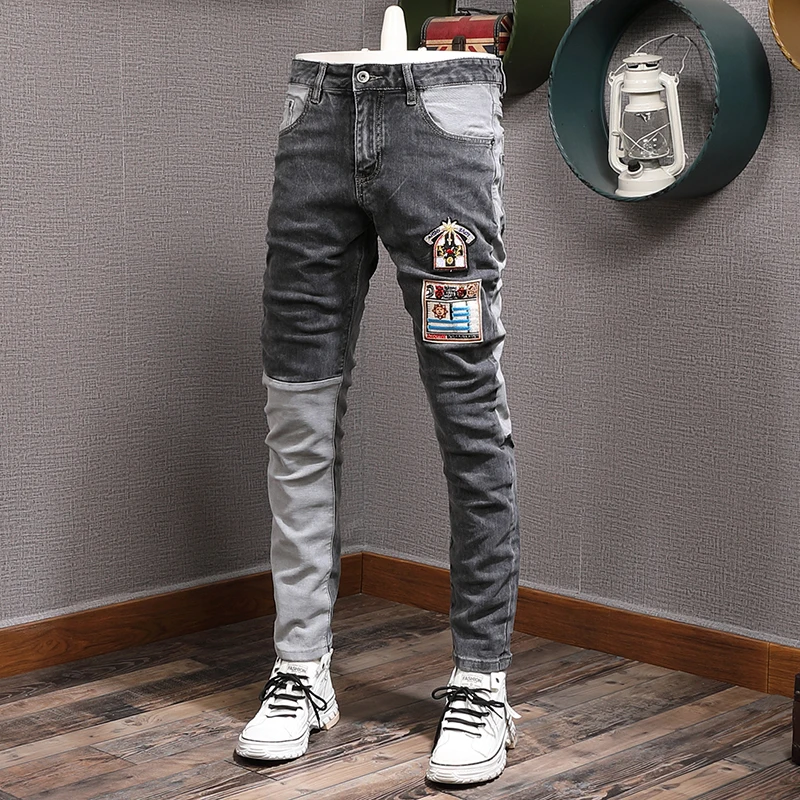 Fashion Streetwear Men Jeans Retro Gray Spliced Elastic Stretch Slim Fit Ripped Jeans Men Patch Designer Hip Hop Pants Hombre