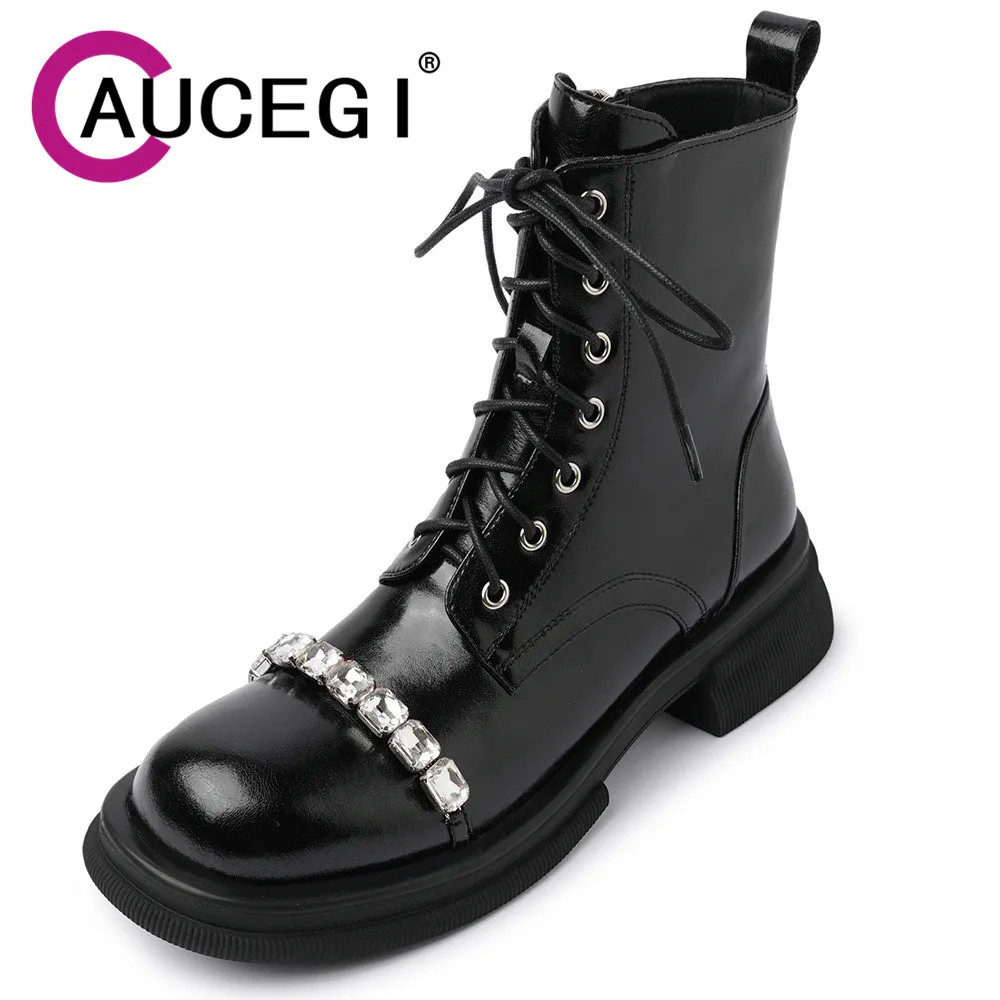 

Aucegi Fashion Round Toe Bling Crystal Ankle Boots New Brand Genuine Leather Lace Up Zipper Thick Heels Party Wedding Shoes