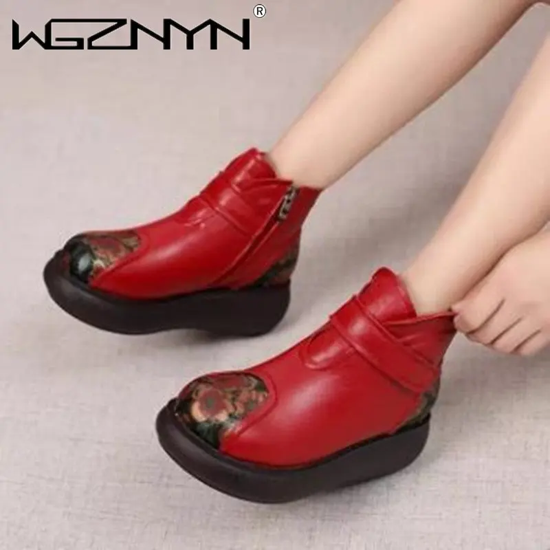 

Fashion Handmade Boots For Women Genuine PU Leather Embossed Ankle Shoes Vintage Platform Women Shoes Round Toes Wedges Boots