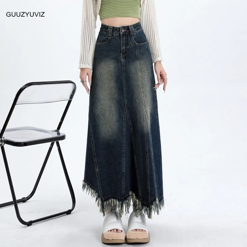 

GUUZYUVIZ Ретро - синий рог, русалка, юбка, свободная, высокая талия, а, царапина, ретро - макси, юбка с рыбьим хвостом.