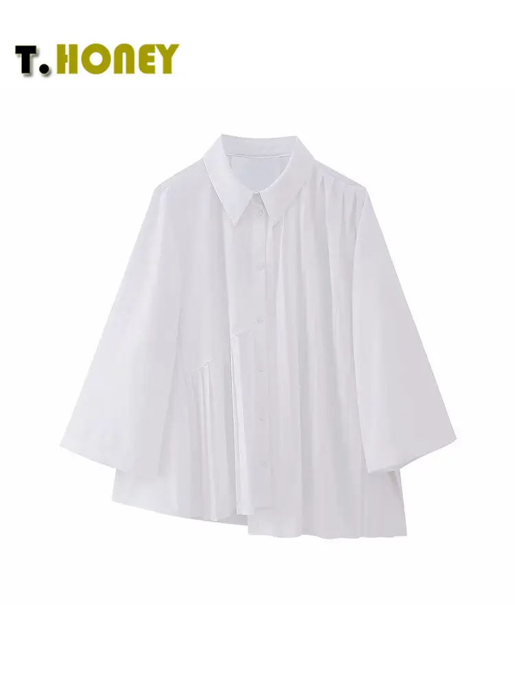 

TELLHONEY Женская модная Асимметричная плиссированная рубашка, Женская Повседневная однобортная Асимметричная белая блузка с воротником с лацканами