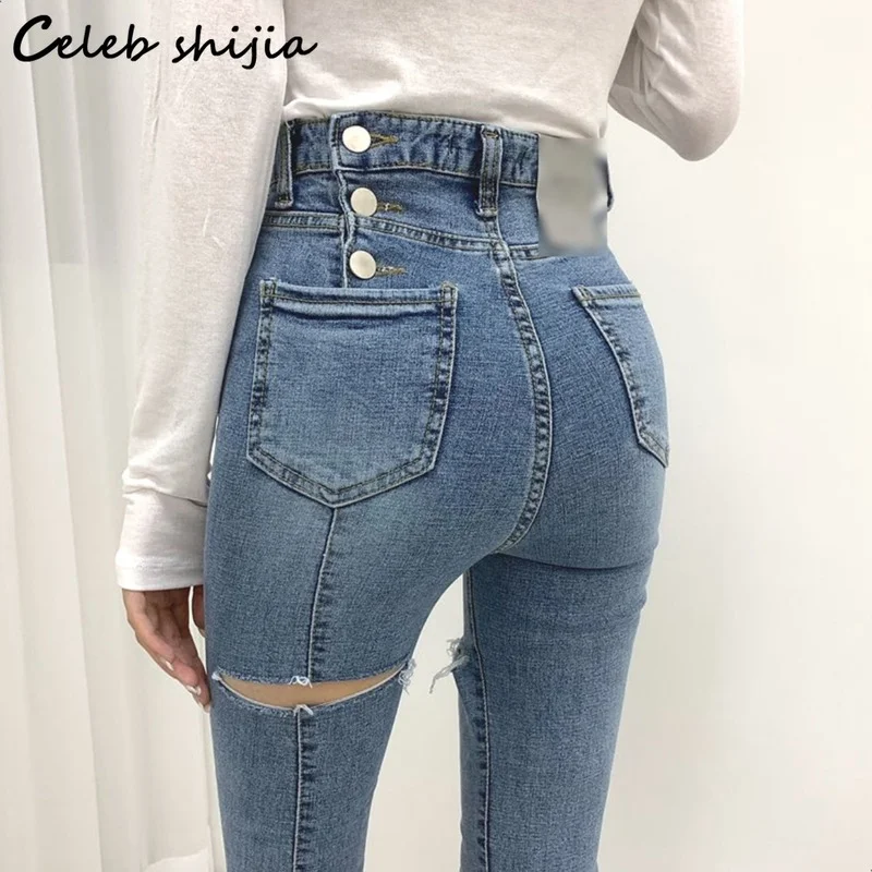 

Chic Ripped Jeans Women Single Breasted Elastic Denim Pencil Pants Women Bottoms High Waist Korean Vintage Hole Mom Jeans
