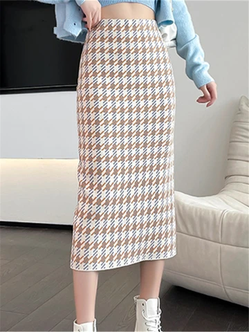 Женская осенне-зимняя трикотажная юбка-карандаш с высокой талией