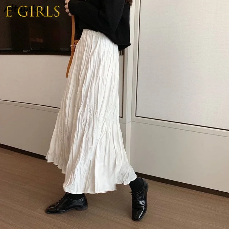 E GIRLS Women Skirts Solid New Classic Trendy Chic Females Folds All-match Elegant Korean Style High Elastic Waist Mid-calf