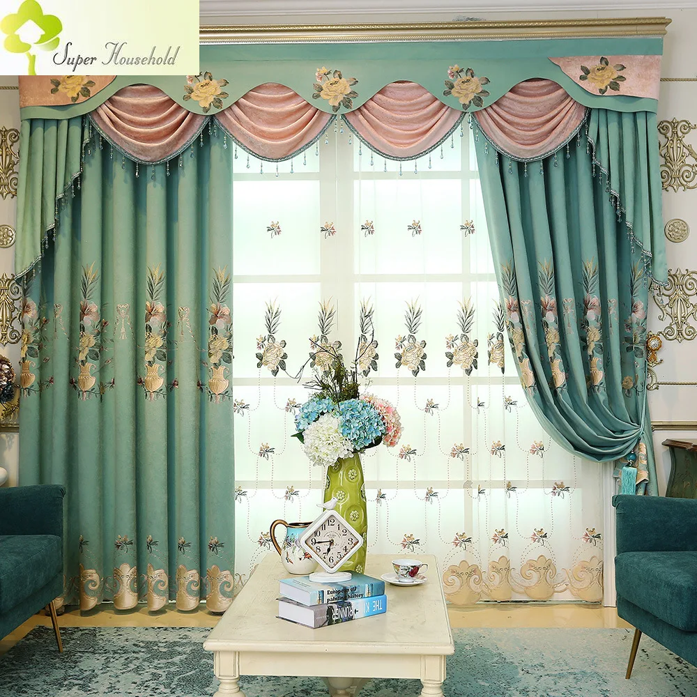 

European Chenille Velvet Embroidery Fabric Window Screens Curtains For Living Room Bedroom Luxury Valance Pelmet Blackout Drapes