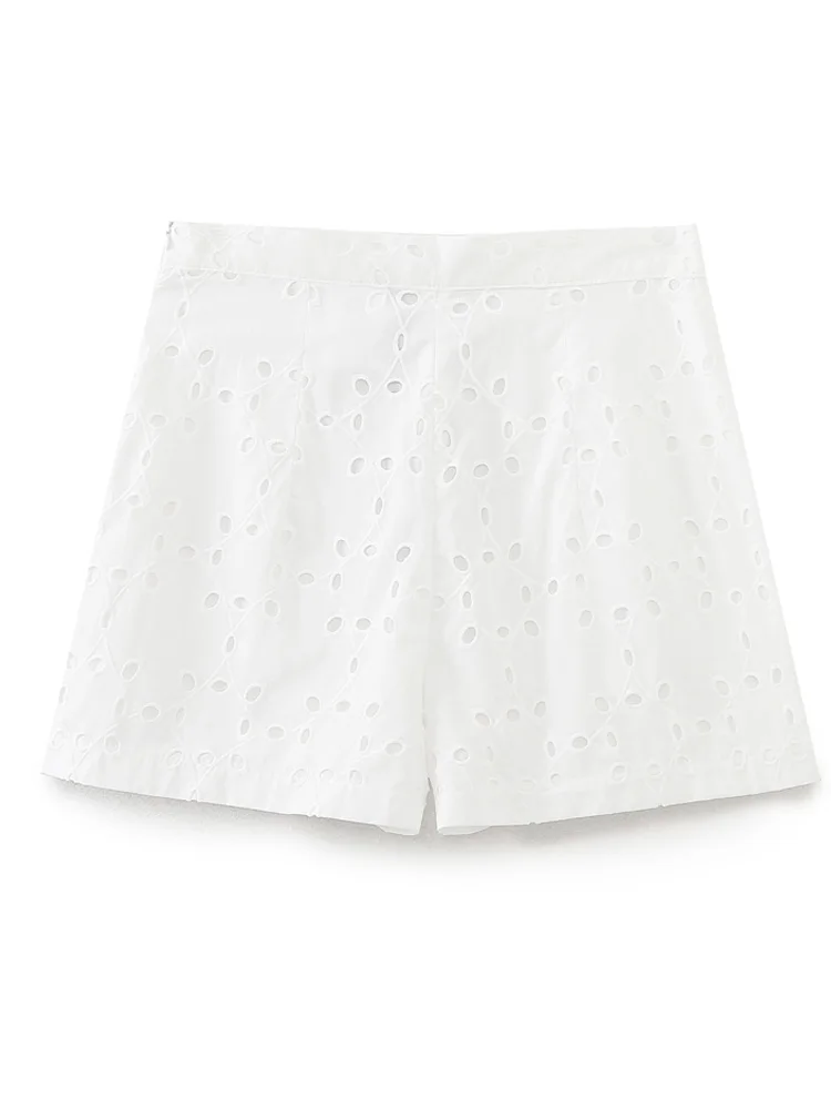 PAILETE Women 2023 fashion side patch pockets cutwork embroidery shorts vintage high waist side zipper female short pants mujer